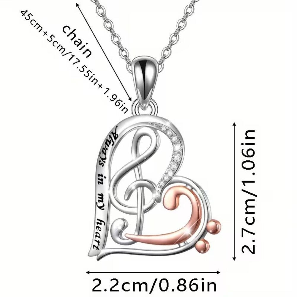 Music Heart Necklace Treble Clef Pendant Silver Tone and Rose Valentine Gift - Picture 7 of 10